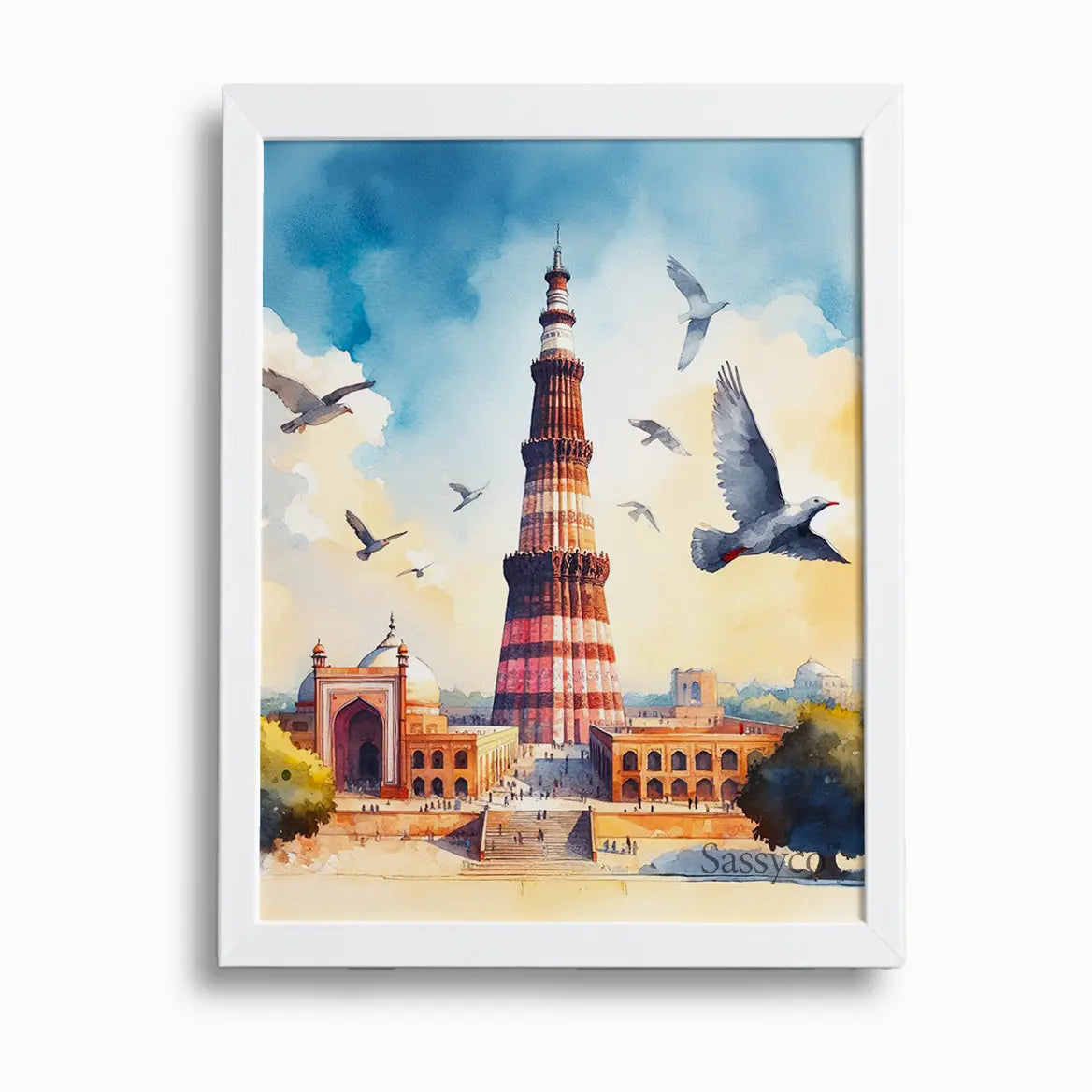 Qutub Minar Delhi India heritage monument with red sandstone minaret, mosque ruins and pigeons in flight against a golden sky watercolor painting, framed in a clean white frame - India travel wall art, Indian heritage canvas wall art, Delhi monument poster artwork print for living room, and home office wall decor