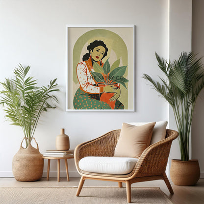 Boho style Woman with Plant Sage green wall art painting canvas print, framed print for bedroom, living room, home decor
