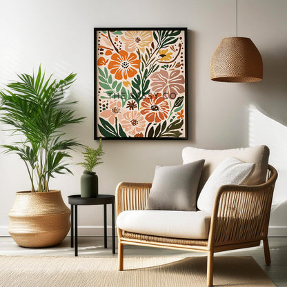 Boho style modern abstract colorful floral flowers wall art painting canvas gallery wrap and black framed artwork art print for sitting room, living room and modern Indian home boho wall art decor.