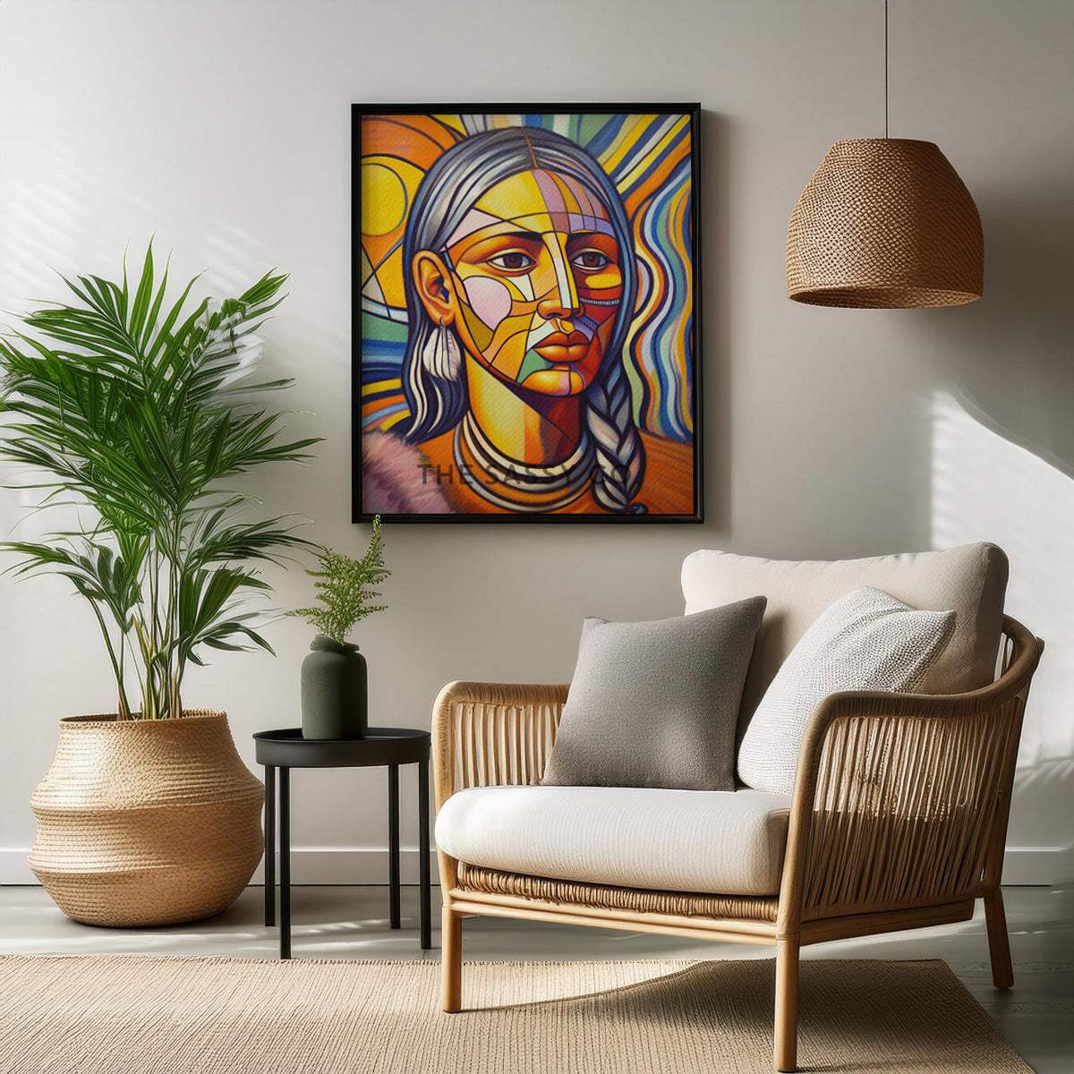 Boho style colorful Abstract woman wall art painting canvas, framed print for living room, home decor