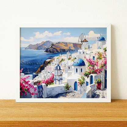 Santorini Greece Oia village cityscape with whitewashed homes, blue-domed churches, a windmill and bougainvillea over the Aegean Sea painting, styled on a shelf- Greece island travel wall art, Mediterranean coastal canvas wall art, Santorini poster artwork print for living room, bedroom and home office wall decor