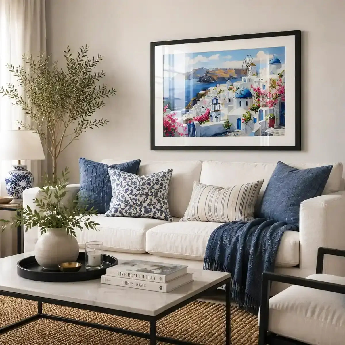 Santorini Greece Oia village cityscape with whitewashed homes, blue-domed churches, a windmill and bougainvillea over the Aegean Sea painting, hanging art for wall behind sofa couch in a living room - Greece island travel wall art, Mediterranean coastal canvas wall art, Santorini poster artwork print for living room, bedroom and home office wall decor