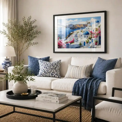 Santorini Greece Oia village cityscape with whitewashed homes, blue-domed churches, a windmill and bougainvillea over the Aegean Sea painting, hanging art for wall behind sofa couch in a living room - Greece island travel wall art, Mediterranean coastal canvas wall art, Santorini poster artwork print for living room, bedroom and home office wall decor