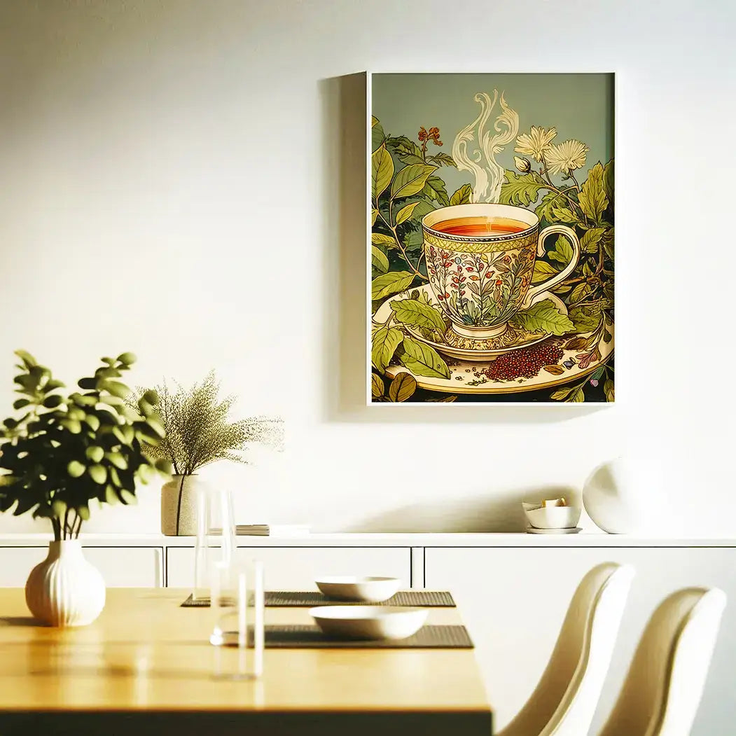 a pastel blue and green vintage style tea artwork. Tea leaves, cup wall art painting canvas, framed art print for kitchen, dining room, home wall decor. Buy modern wall art paintings online India.