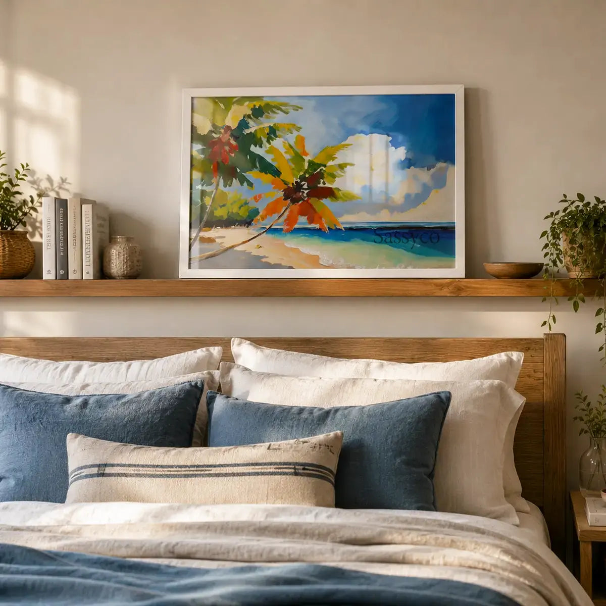 a tropical, coastal, palm beach landscape with swaying coconut palms framing a turquoise sea and soft sunlit clouds vibrant painting, styled in a bedroom wall behind bed- beach canvas wall art, tropical island wall art, palm tree poster artwork print for living room, bedroom and home office wall decor