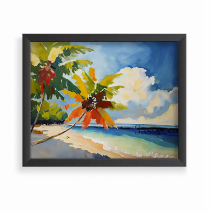 tropical palm beach landscape with swaying coconut palms framing a turquoise sea and soft sunlit clouds vibrant painting, framed in a sleek black frame - beach canvas wall art, tropical island wall art, palm tree poster artwork print for living room, bedroom and home office wall decor