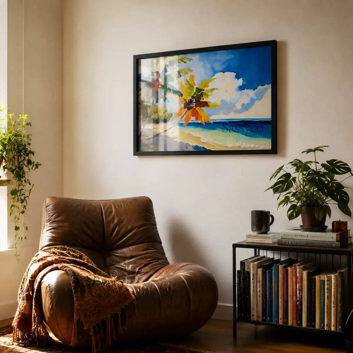 tropical palm beach landscape with swaying coconut palms framing a turquoise sea and soft sunlit clouds vibrant painting, styled in a living room, sitting room with books, armchair, cozy corner - beach canvas wall art, tropical island wall art, palm tree poster artwork print for living room, bedroom and home office wall decor