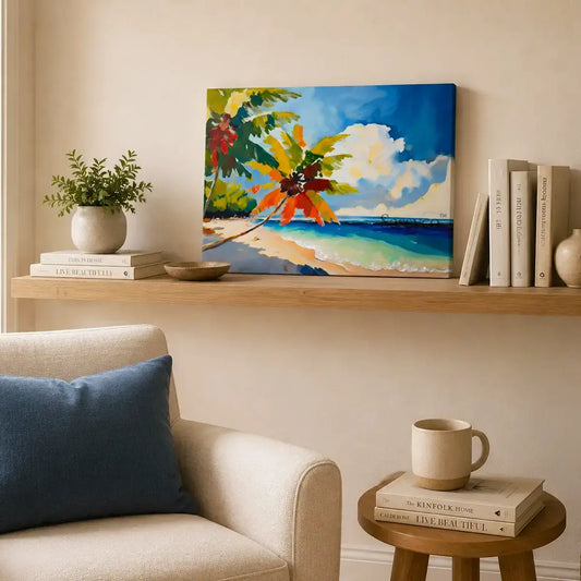 tropical palm beach landscape with swaying coconut palms framing a turquoise sea and soft sunlit clouds vibrant painting, styled in a living room and on a shelf - beach canvas wall art, tropical island wall art, palm tree poster artwork print for living room, bedroom and home office wall decor