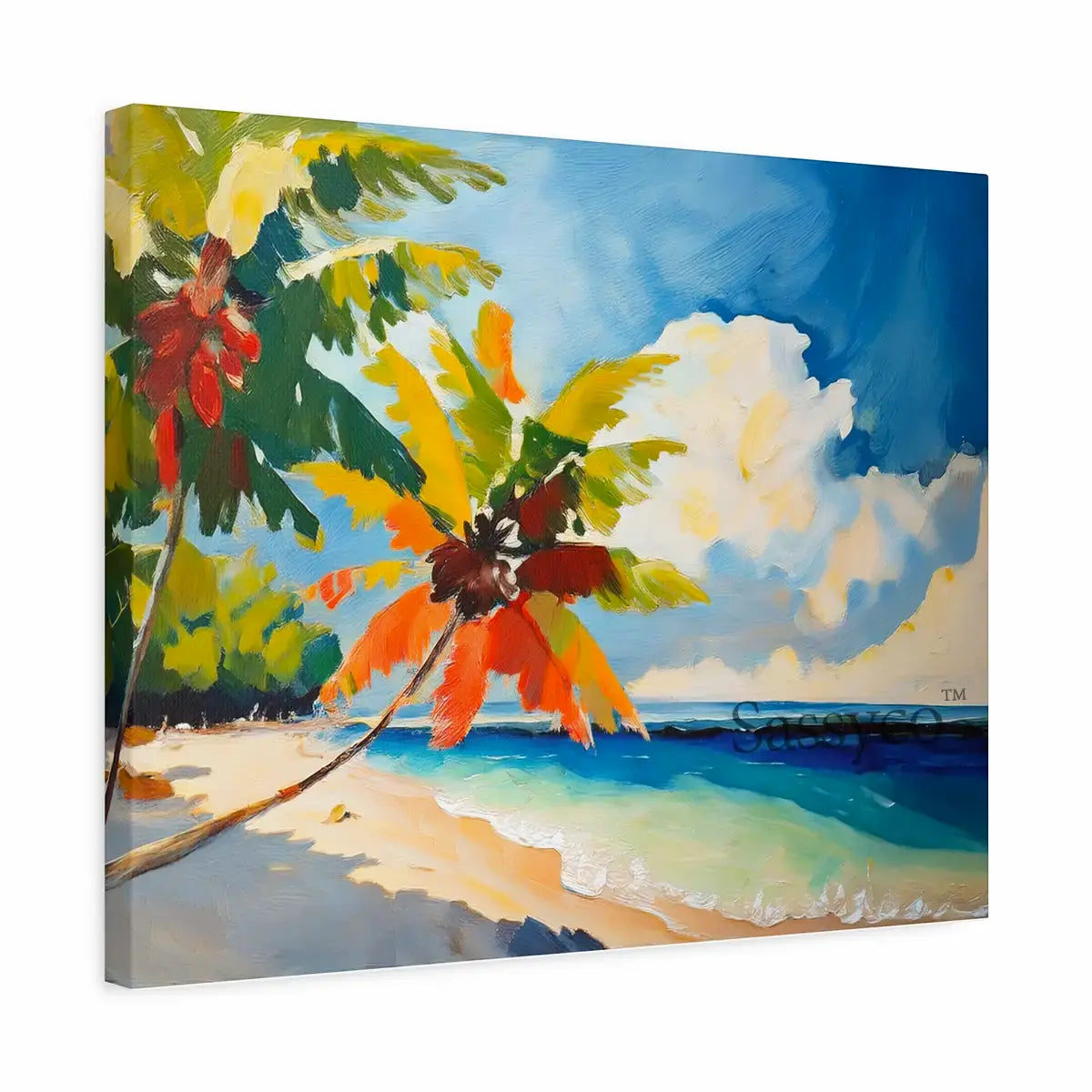 a blue, green tropical palm beach landscape with swaying coconut palms trees framing a turquoise sea and soft sunlit clouds vibrant painting, shown as a canvas gallery wrap print - beach canvas wall art, tropical island wall art, palm tree poster artwork print for living room, bedroom and home office wall decor.