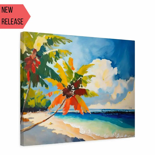 a blue, green tropical palm beach landscape with swaying coconut palms trees framing a turquoise sea and soft sunlit clouds vibrant painting, shown as a canvas gallery wrap print - beach canvas wall art, tropical island wall art, palm tree poster artwork print for living room, bedroom and home office wall decor.