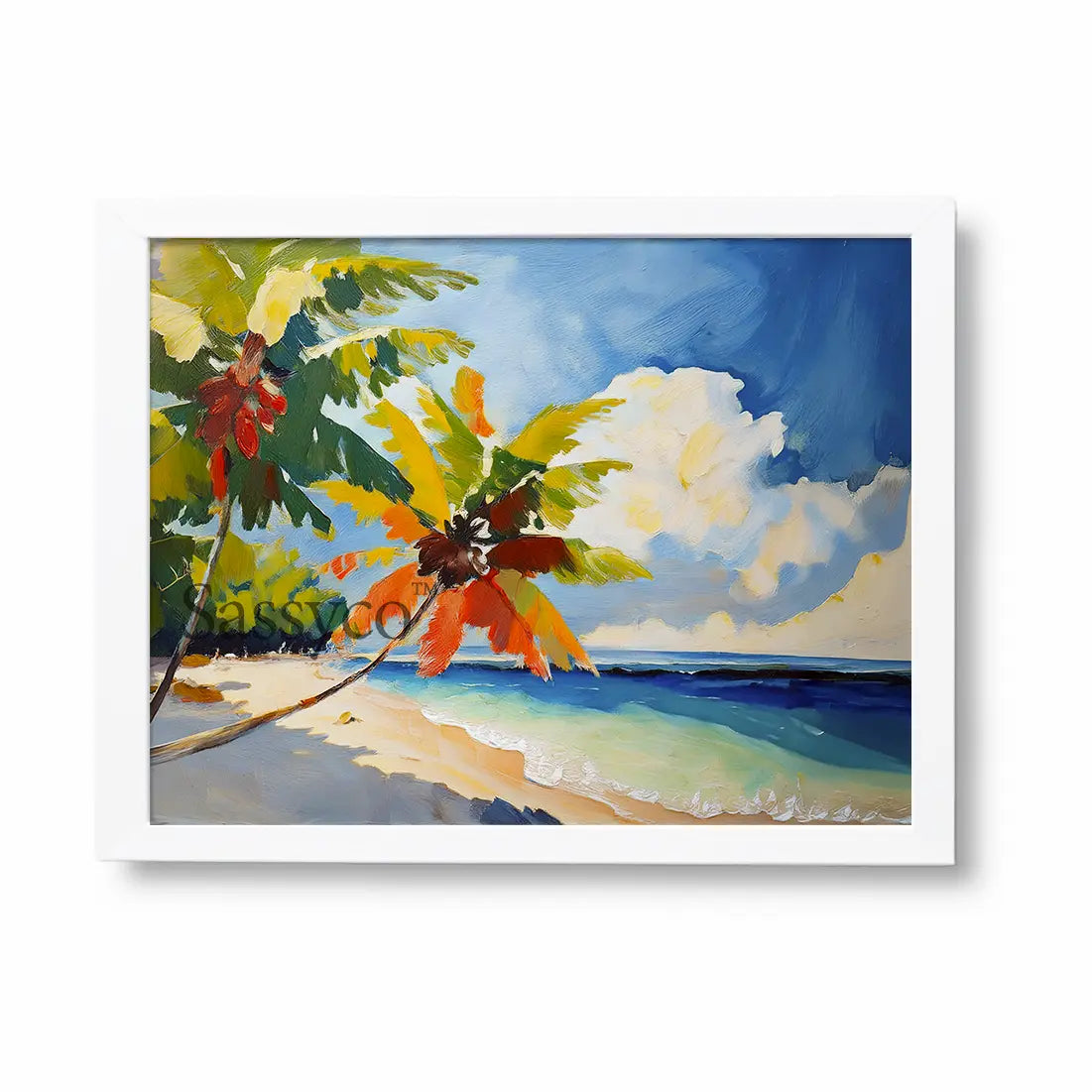 tropical palm beach landscape with swaying coconut palms framing a turquoise sea and soft sunlit clouds vibrant painting, framed in a clean white frame - beach canvas wall art, tropical island wall art, palm tree poster artwork print for living room, bedroom and home office wall decor