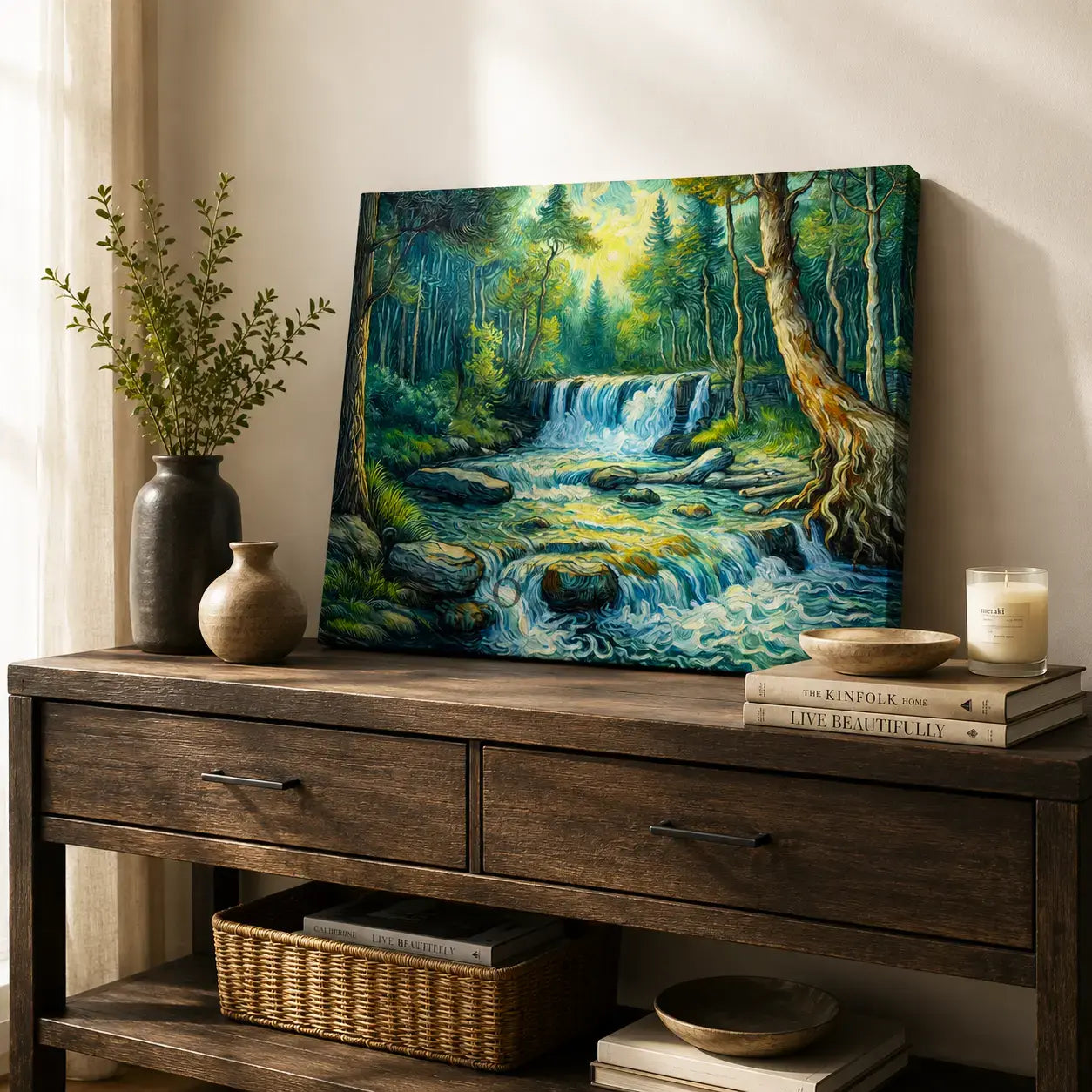 forest waterfall nature landscape with a cascading stream tumbling over rocks through lush sunlit greenery impressionist painting, styled on a console table - nature canvas wall art, vastu approved painting for home, waterfall landscape poster artwork print for living room, bedroom and home office wall decor