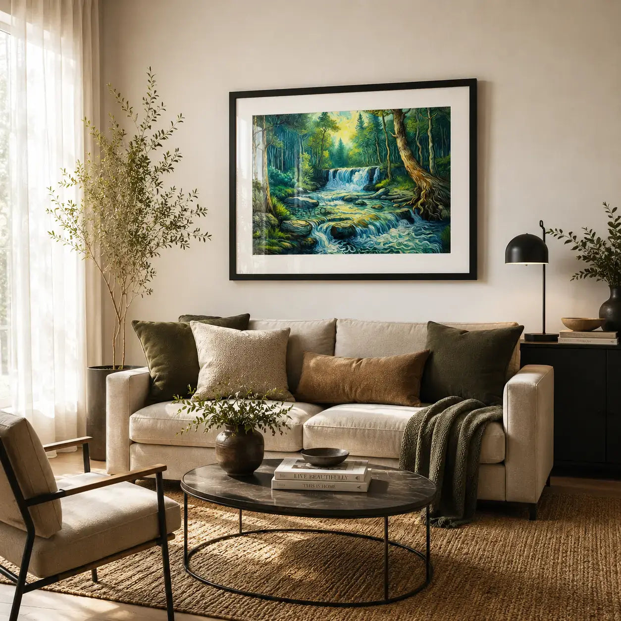forest waterfall nature landscape with a cascading stream tumbling over rocks through lush sunlit greenery impressionist painting, framed in a sleek black frame, styled in a living room - nature canvas wall art, vastu painting for home, waterfall landscape poster artwork print for living room, bedroom and home office wall decor