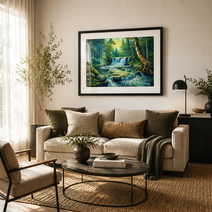 forest waterfall nature landscape with a cascading stream tumbling over rocks through lush sunlit greenery impressionist painting, framed in a sleek black frame, styled in a living room - nature canvas wall art, vastu painting for home, waterfall landscape poster artwork print for living room, bedroom and home office wall decor