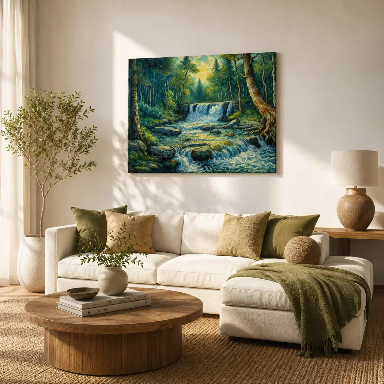 forest waterfall nature landscape with a cascading stream tumbling over rocks through lush sunlit greenery impressionist painting, styled in a living room behind the couch sofa wall - nature canvas wall art, vastu approved painting for home, waterfall landscape poster artwork print for living room, bedroom and home office wall decor