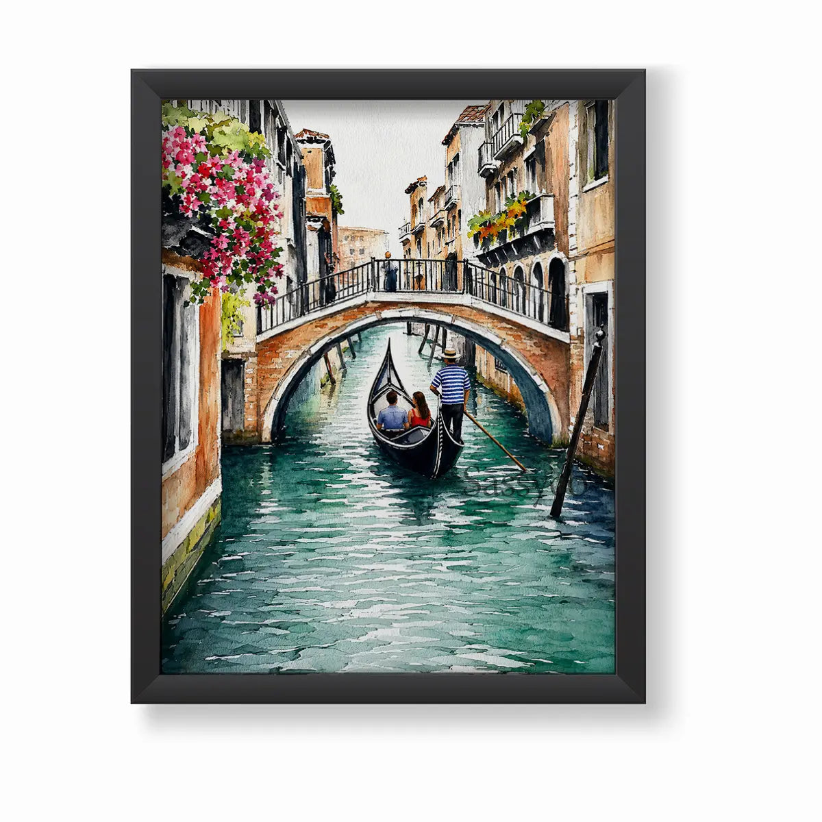 Venice Italy gondola canal cityscape with a gondolier rowing beneath a bougainvillea-draped stone bridge watercolor painting, framed in a clean black frame - Italy travel wall art, Europe cityscape canvas wall art, Venice poster artwork print for living room, bedroom and home office wall decor