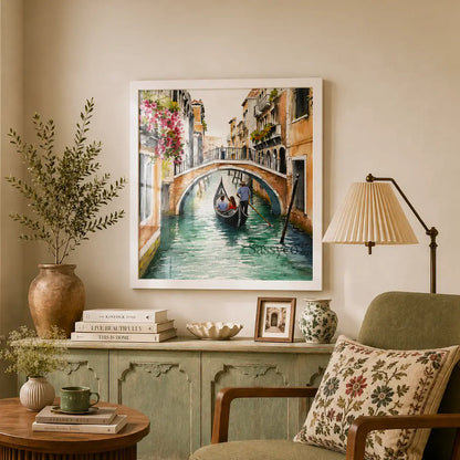 Venice Italy gondola canal cityscape with a gondolier rowing beneath a bougainvillea-draped stone bridge watercolor painting, styled in a bedroom sitting space - Italy travel wall art, Europe cityscape canvas wall art, Venice poster artwork print for living room, bedroom and home office wall decor