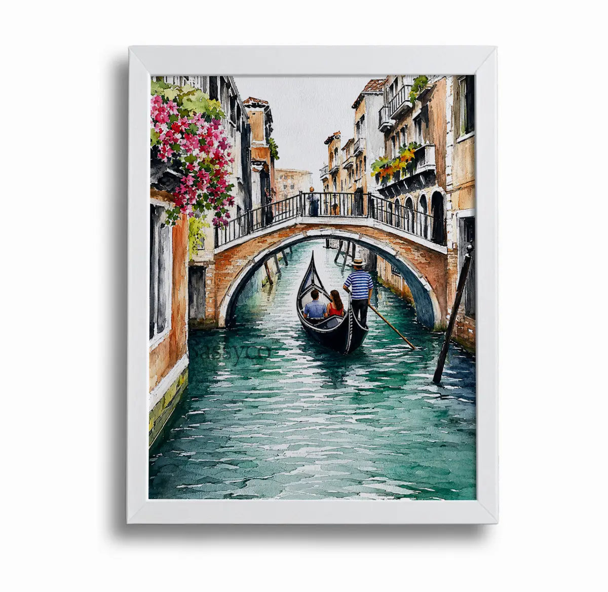 Venice Italy gondola canal cityscape with a gondolier rowing beneath a bougainvillea-draped stone bridge watercolor painting, framed in a clean white frame - Italy travel wall art, Europe cityscape canvas wall art, Venice poster artwork print for living room, bedroom and home office wall decor