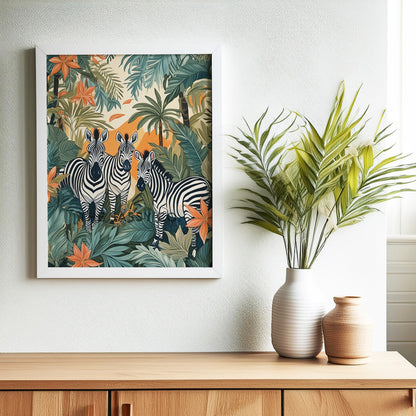 Tropical zebras, animal wall art painting canvas & framed print for bedroom, living room, home decor