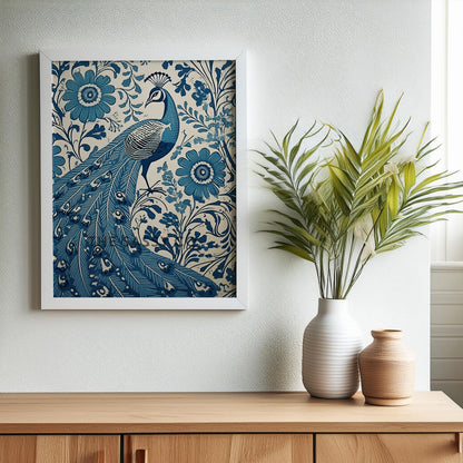 Rustic Floral Peacock Blue Paisley Wall Art Painting Canvas Print, Framed Print for bedroom, living room, home decor