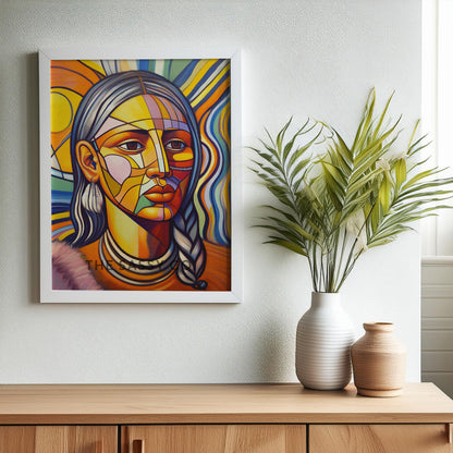 Boho style colorful Abstract woman wall art painting canvas, framed print for living room, home decor