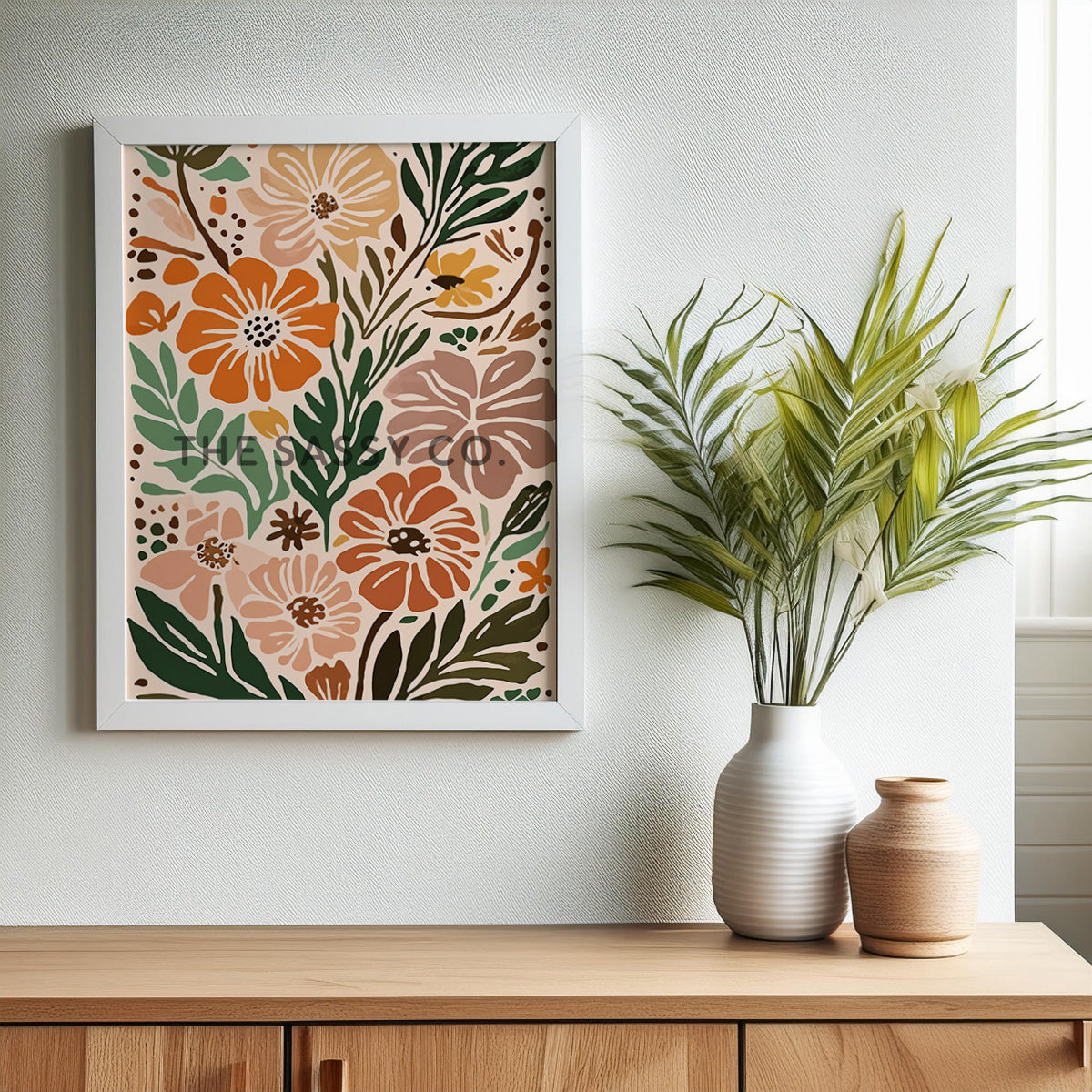 Boho style modern abstract colorful floral flowers wall art painting canvas gallery wrap and white framed artwork art print for bedroom wall, living room and modern Indian home boho wall art decor.